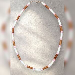 Cowrie Shell Necklace with Glass Pink Cat Eye Beads